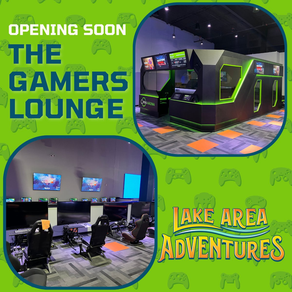 Opening soon inside of Lake Area Adventures: The Gamers Lounge

Get your Clan ready for a gaming experience like no other! 👾 Be on the lookout for more sneak peeks of the facility and grand opening dates.

#AdventureStartsHere #PCGaming #VRGaming