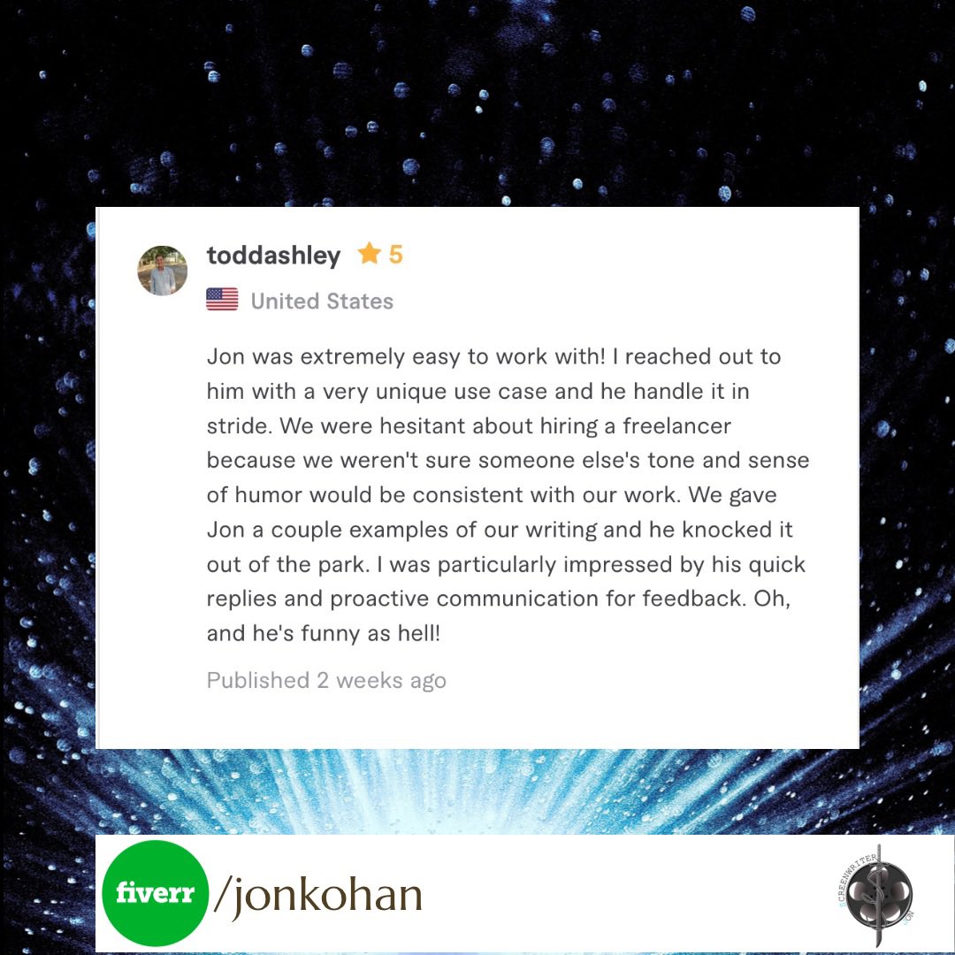 JonKohan's tweet photo. PT1:  Hire me for your writing needs. Quality work at great prices. For more information visit my Fiverr page (https://t.co/iiFQIhO1o6)

#screenwriting #screenwriter #forhire #comedy #jokes #scriptfeedback #standupcomedy #fiverr #fiverrreviews https://t.co/HxEBEWv22F