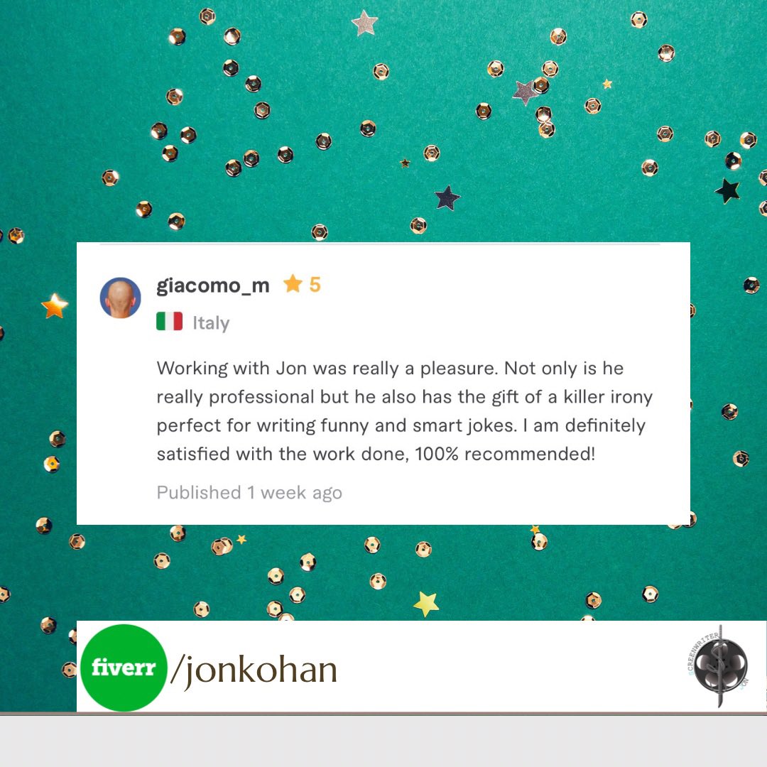 JonKohan's tweet photo. PT1:  Hire me for your writing needs. Quality work at great prices. For more information visit my Fiverr page (https://t.co/iiFQIhO1o6)

#screenwriting #screenwriter #forhire #comedy #jokes #scriptfeedback #standupcomedy #fiverr #fiverrreviews https://t.co/HxEBEWv22F