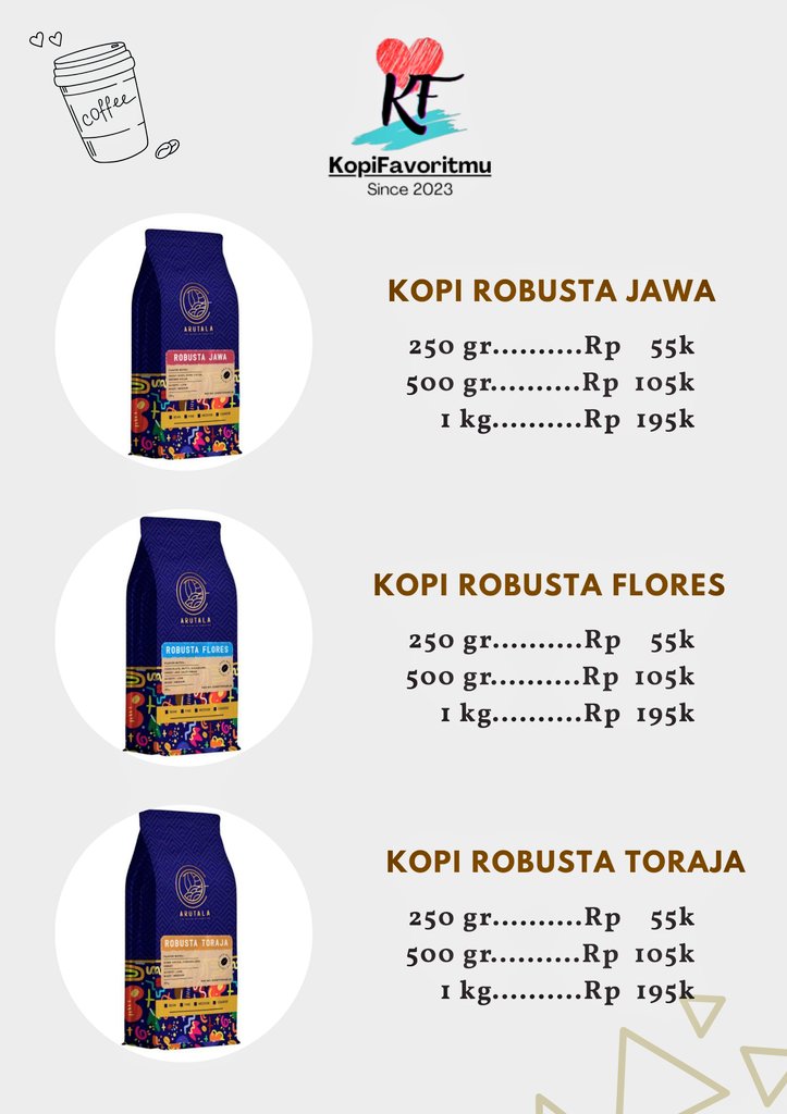 Yg pecinta dan penikmat kopi, khususnya kopi robusta, yuk silahkan diorder. Bisa req mulai dari wholebean, medium, sampe fine grind, loh hehe 

Untuk pricelist-nya ada di bawah ini, ya!