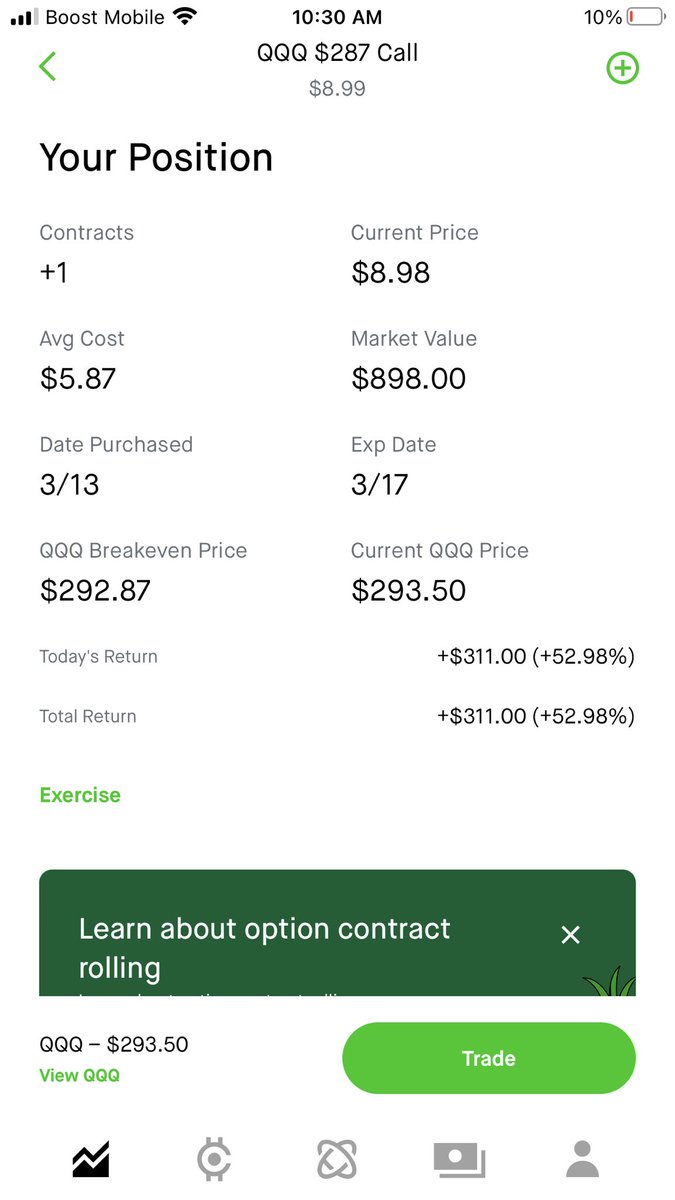 YungSkeemo's tweet photo. QQQ call $311 profit 52% on a Monday https://t.co/y7aqvJEcul