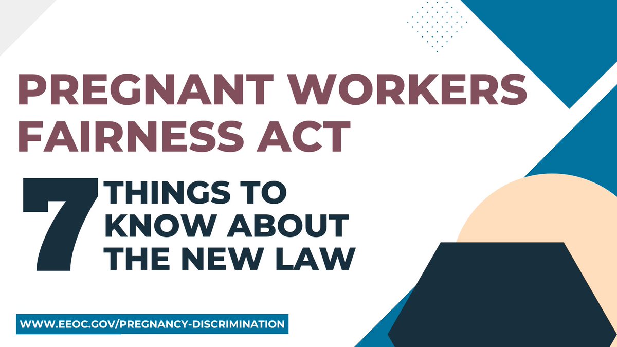 USEEOC's tweet photo. Read 7 things every employer should know about the new Pregnant Workers Fairness Act. These Q&As help explain the new law: https://t.co/A0UuWaHh7x
#PWFA #Pregnant #MomToBe #DadToBe #ParentToBe #Expecting https://t.co/eBQWHCszSX