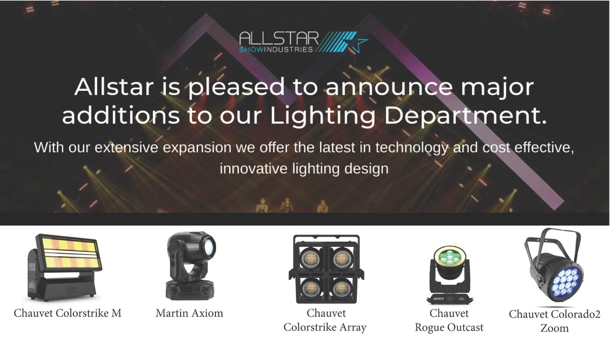 Allstar has added some of the latest and most requested lighting for:  #festivals, #concerts, #events, #touring 
For details see our website at: allstar.com