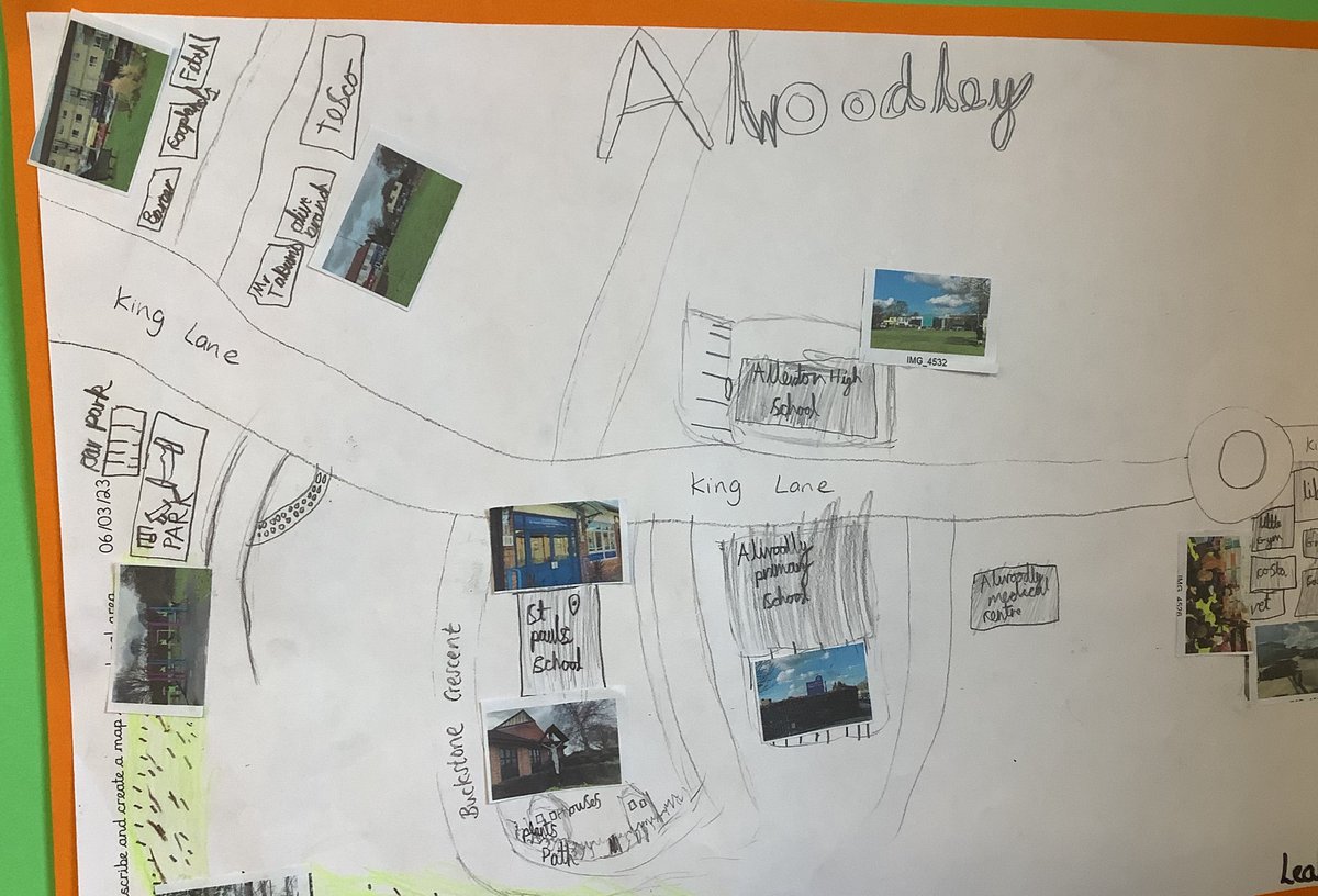 stpaulscps1's tweet photo. Year 2 have worked hard to create their own maps of Alwoodley after our two local walks last week. Using photographs we took on our trip, they added them to their maps when they had drawn on the human features. #fieldwork #localgeography https://t.co/63erKgG2Xk