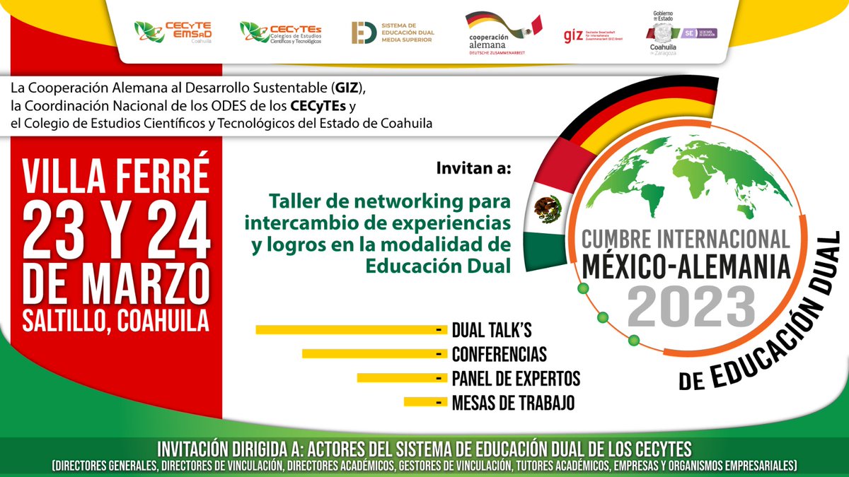 CECyTE Coahuila sede de la "Cumbre Internacional México- Alemania de Educación Dual 2023"

🗓️ 23 y 24 de marzo

📣Evento dirigido a los actores educativos de la Educación Dual en los CECyTEs.

¡Los esperamos!