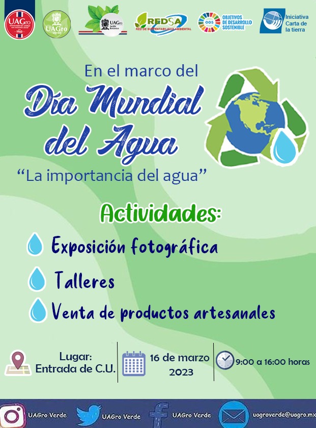 UAGroVerde's tweet photo. Día Mundial del Agua
#ODS6 #water #DMA2023 #ODS 
El Día Mundial del Agua se celebra cada 22 de marzo, con el objetivo de llamar la atención sobre la importancia de este elemento y también para defender la gestión sostenible de los recursos hídricos. https://t.co/zDcH7y5Ut6