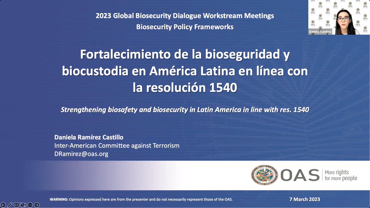 danielaramicas's tweet photo. Last week I talked about @OEA_CICTE efforts in bio and #UNSCR1540 implementation in the Americas at @NTI_WMD Bio GBD Workstream meetings. I felt grateful for having this opportunity. 

Stay tuned for exciting biosafety and biosecurity training opportunities starting in April 👀 https://t.co/GHSoUAZibz