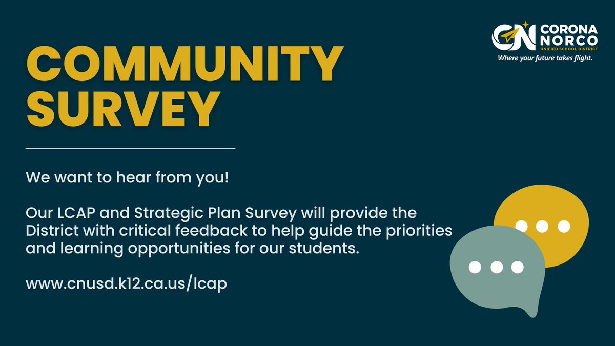 📢 We want to hear from you! Our LCAP and Strategic Plan Survey will provide the District with critical feedback to help guide the priorities and learning opportunities for our students.

➡️ Click here to complete the survey: bit.ly/3LlaWqd