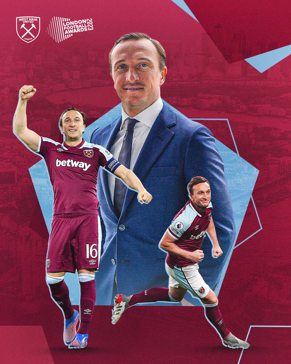 WestHam's tweet photo. Presenting the Outstanding Contribution to London Football award winner, Mark Noble! ⚒️

@TheLFAOfficial | #LFA23 https://t.co/Uz5zyfr9q2