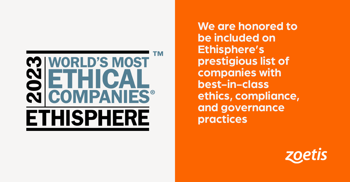 DADeVries's tweet photo. A great recognition of the amazing culture and colleagues we have at Zoetis. Today we were named to Ethisphere's 2023 list of the World's Most Ethical Companies! Learn more: https://t.co/226hQbHWVj #ZoetisProud https://t.co/CJskSLiQoP