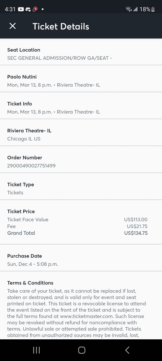 BryanFontez's tweet photo. Hey @Ticketmaster/@TMFanSupport! On Dec 4 I bought @PaoloNutini tix for $270 at @TheRivChicago on your app. Tix were just made avail to me an hour ago. Show is at 8pm. The tix now say $38 &amp; have a different name. I can't refund, transfer or sell them. What the hell is this? https://t.co/qHXtx1LZC1
