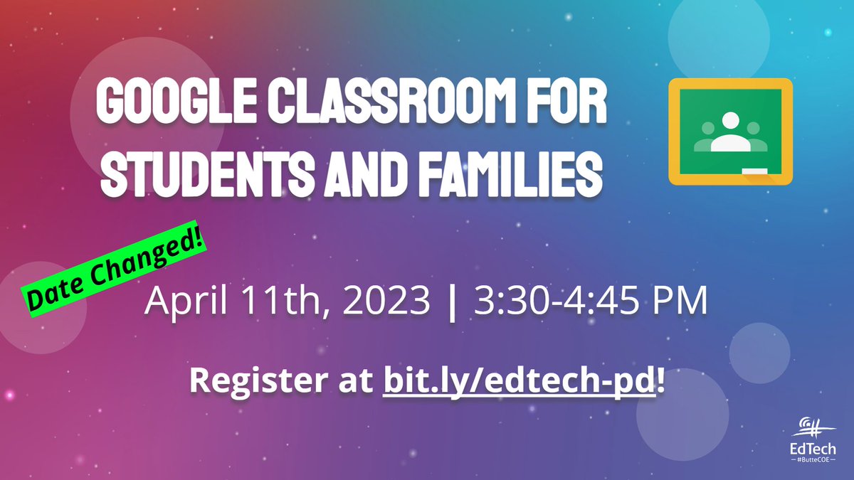 See Google Classroom from a student’s point of view. Learn how to coach guardians in supporting their student’s use of Announcements, Assignments, Calendars, as well as Guardian Reports.

Register at bit.ly/edtech-pd!

Free for #ButteCOE educators. $15 out-of-county.