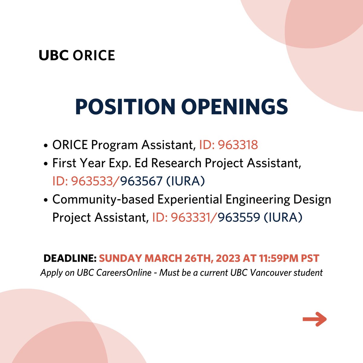 UBC_ORICE's tweet photo. 🔍 Interested in joining a welcoming community-oriented office focused on experiential learning and community engagement? Join the ORICE team! Our summer Worklearn positions for the ORICE and @ubc_hrc are now open! Check out UBC CareersOnline for more info! https://t.co/63dnm3pfKR