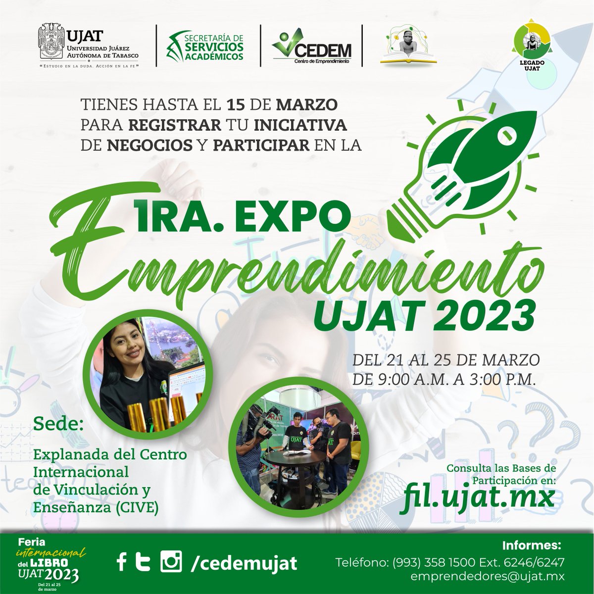 cedemujat's tweet photo. Tienes hasta el 15 de marzo para registrar tu iniciativa de negocios y participar en la 1ra. Expo Emprendimiento UJAT 2023

Link de registro: https://t.co/EWuxue3dg7 https://t.co/tcP1Lk1asB