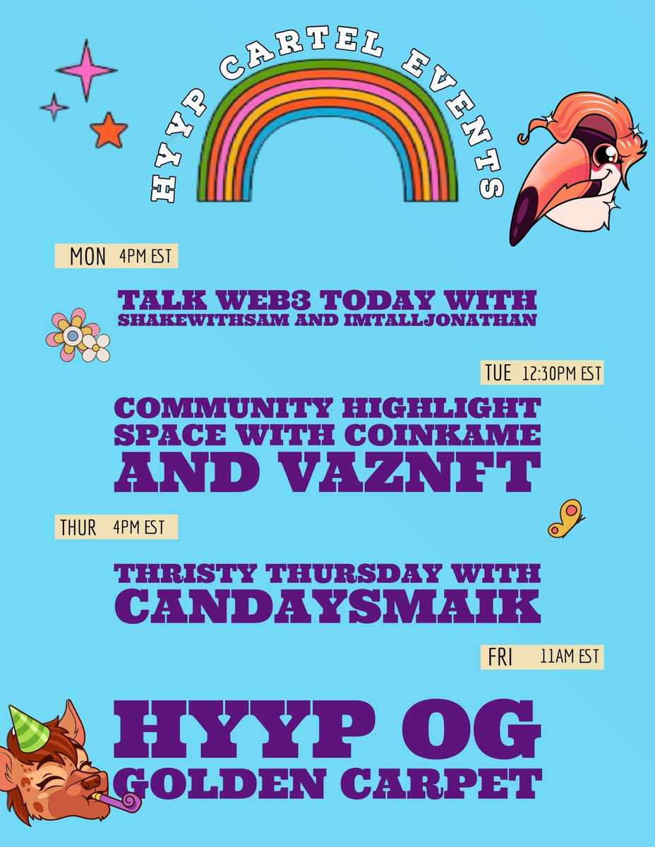 If you missed today’s space, fear not 😉 here’s all the events we have planned for this week at HYYP 🔥

If you’re curious about any if the events, let us know on our DMs! The CATs are always happy to chat 🐱