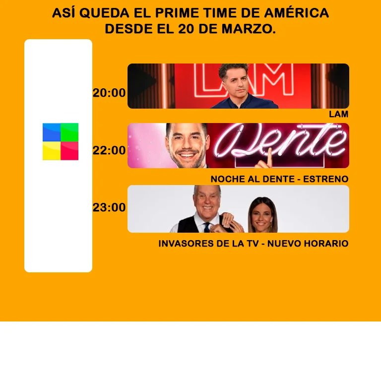 Así quedará el Prime Time de #América:

20:00 #LAM
22:00 #NocheAlDente Estreno
23:00 #InvasoresDeLaTV Nuevo Horario