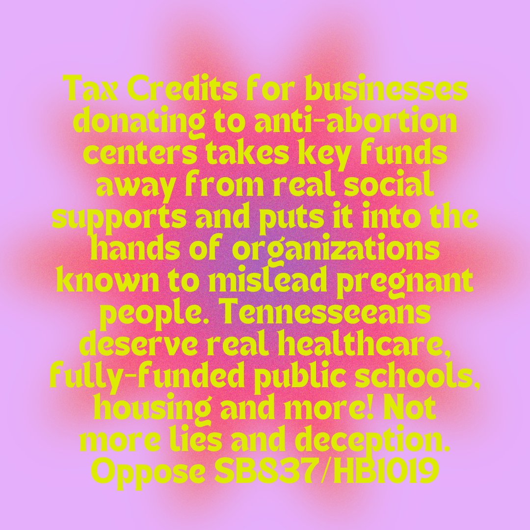 💸A Tax Credit for Businesses Funding Anti-Abortion Centers?
Hell No! 💸 Oppose SB837/HB1019!  Swipe through to learn more.
#ExposeFakeClinics #AbortionJustice #Tennessee