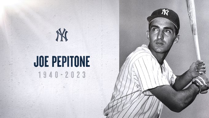 Joe Pepitone: 1940-2023. Photo of Joe Pepitone taking his batting stance in a Yankees uniform. 