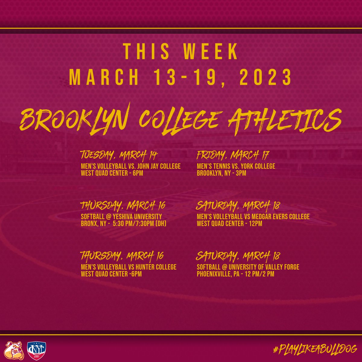 bklyn_bulldogs's tweet photo. ποΈWeek AheadποΈπΎ
3οΈβ£ @cunyac matches at home for #BCmvb they kick off the week for the Bulldogs! π
#BCsb opens season at Yeshiva on Thursday and close out the week on the road! π₯
#BCmt opens conference play home!πΎ
#BCFamily #PlayLikeaBulldog #cunysports #ncaadiii https://t.co/lvPFC5Rs2J