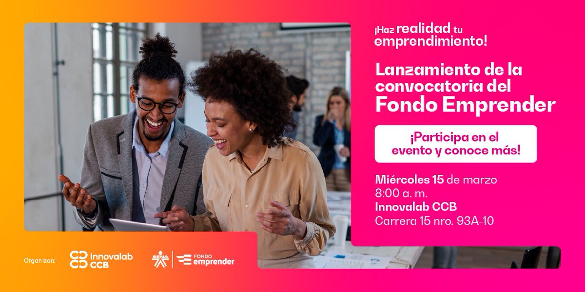 📈💪La CCB en alianza con el <a href="/SENAComunica/">SENA</a> te invitan a participar del Fondo Emprender, creado para apoyar emprendedores digitales que planteen soluciones a retos sociales y de la economía popular. Conoce más aquí 👉bit.ly/42lPIPl #InnovalabCCB