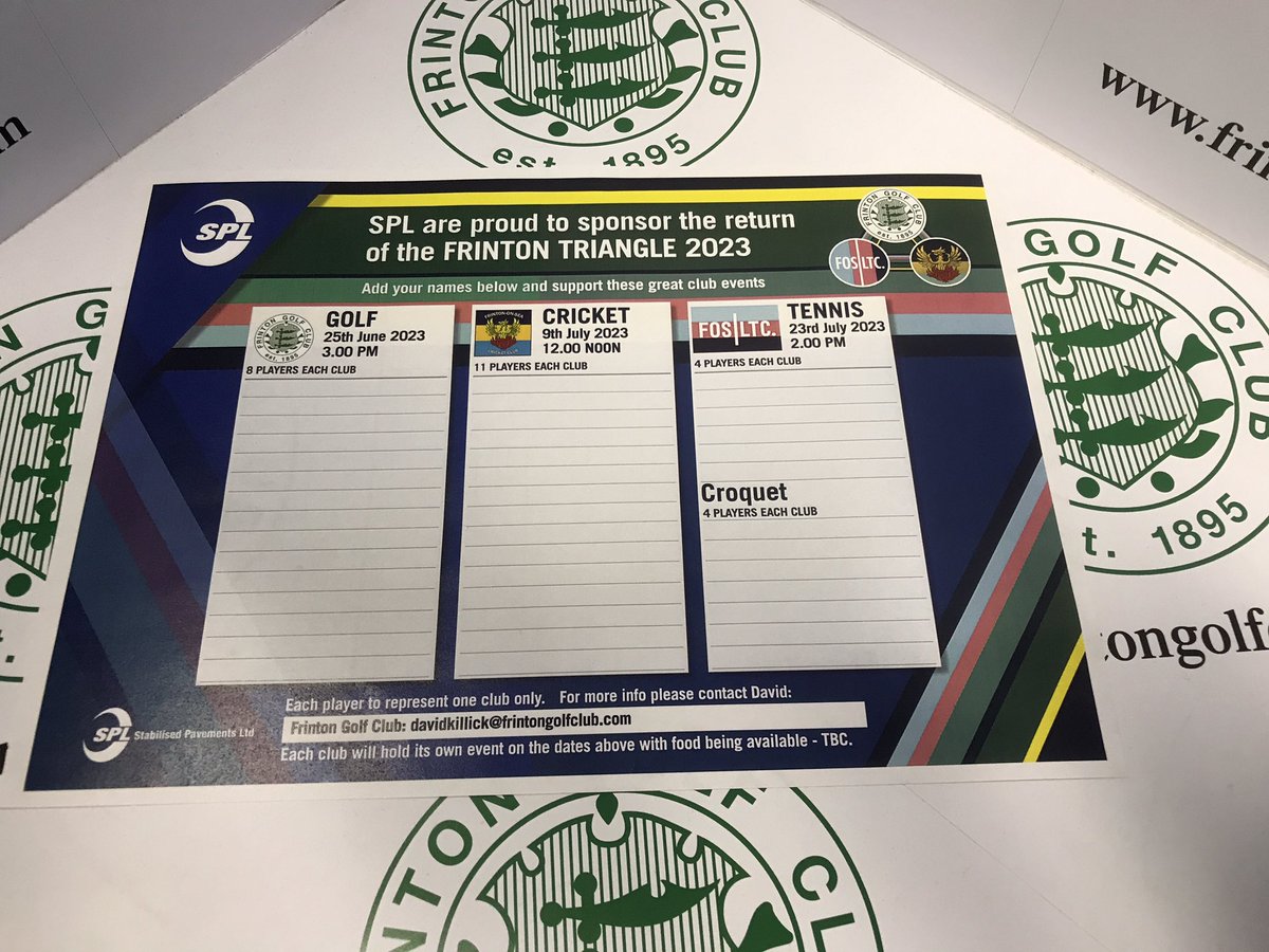 The Triangle Match against <a href="/FrintonCC/">Frinton on Sea Cricket Club🏏</a> and <a href="/FrintonLTC/">Frinton On Sea Lawn Tennis Club</a> is now live. To participate in 1 or more events please see the sign up sheet on the competition boards. ⛳️🍺🏏🧉🏸🍷. Sponsored and reborn by <a href="/spl_uk/">Stabilised Pavements</a> it’s a great event for Frinton On Sea.