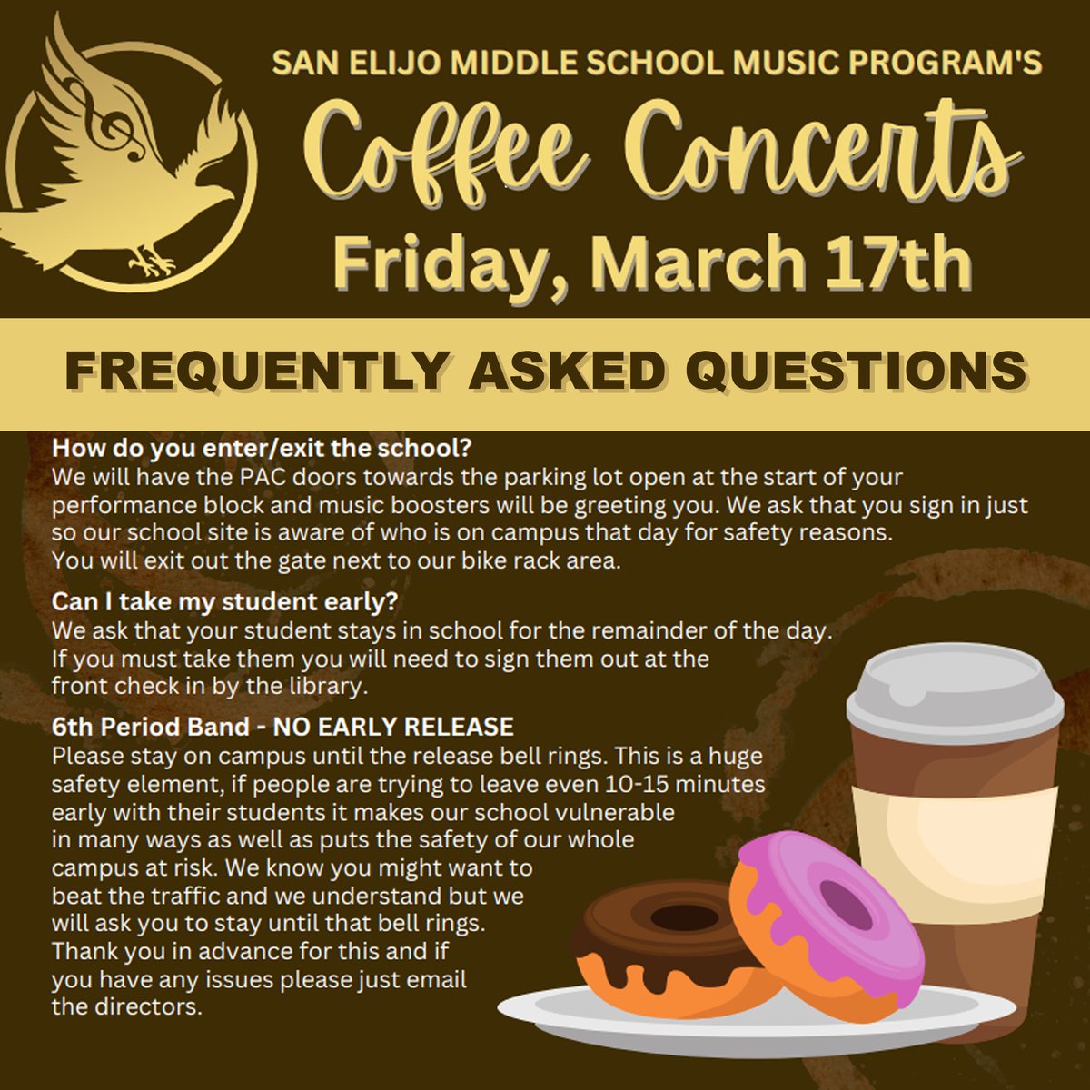 Coffee Concerts are this Friday, March 17th!  Beginning Band &amp; Choir parents and guests, please take note of the times and Frequently Asked Questions shown on the graphics.  This is always a great time that's one of a kind! #semsmusic #semsmusicprogram #MiddleSchoolMusicMatters