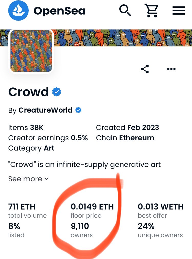 seaofgodss's tweet photo. Wow .015 Floor. Is this gonna go anywhere what’s your thoughts crowd nft #crowdnft https://t.co/A32ipdkbJw