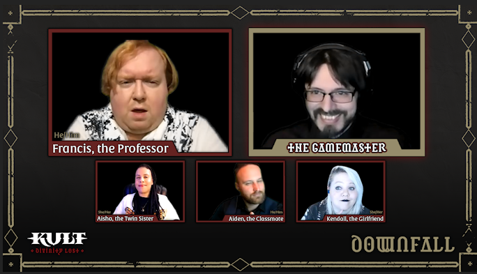 QueensCourtRPG's tweet image. Want to know what has @aaroninwords making this face? Find out in slightly more than an hour from now when Queen's Court Games returns with more "Downfall," for #kultdivinitylost. 

4:00p PDT//7:00p EDT//11:00p GMT, link below!