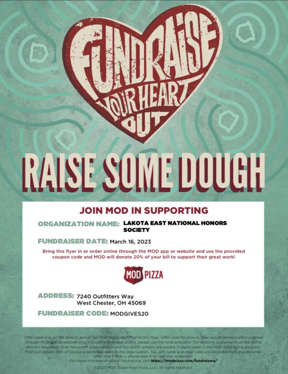 Lakota_EastNHS's tweet image. Need a dinner idea for the week? Head to Mod Pizza this Thursday and show your flyer to help us raise money!