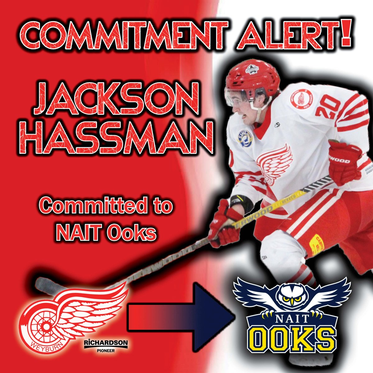 📣 BIG NEWS: 

Jackson HASSMAN has committed and will be heading to the <a href="/NAITMensHockey/">NAIT Ooks Men's Hockey</a> of the ACAC next season! Congratulations!
 
#WeyburnRedWings #SJHL #commitment
