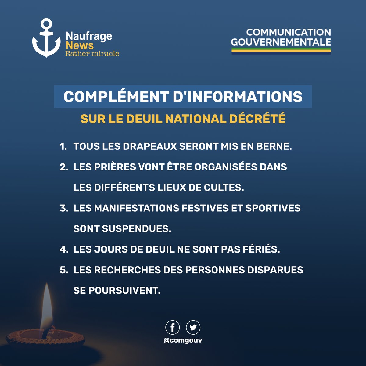 🚨 Naufrage du Navire Esther Miracle : les recherches se poursuivent. 

Quelques précisions sur le deuil national de 3 jours décrété 👇🏽

#EstherMiracle