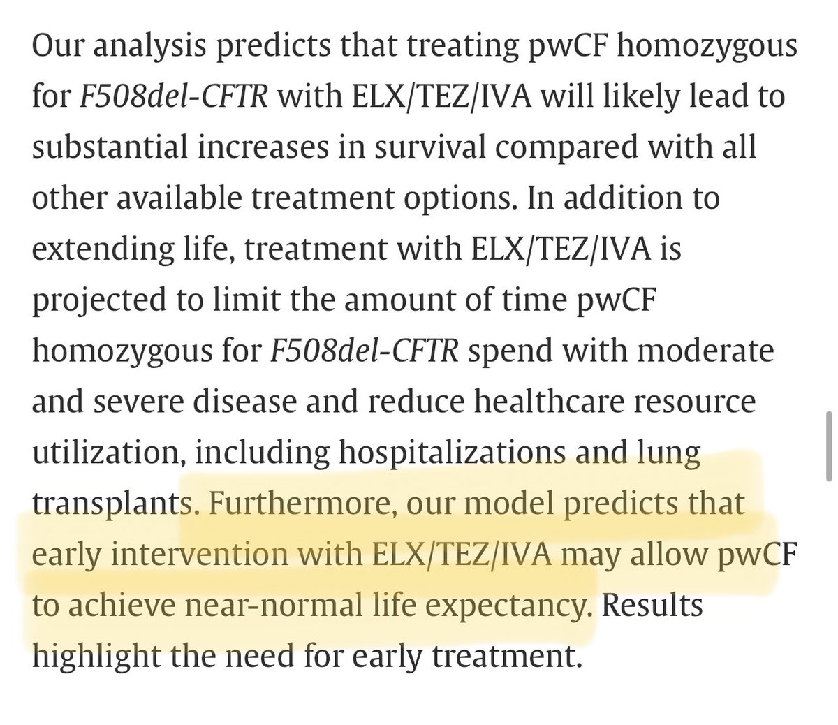 The paper suggests that starting Trikafta between 12-17 years old is effectively a cure — leading to median predicted survival of 82.5 years.

Obviously, it’s a modeled survival curve, so limitations abound.