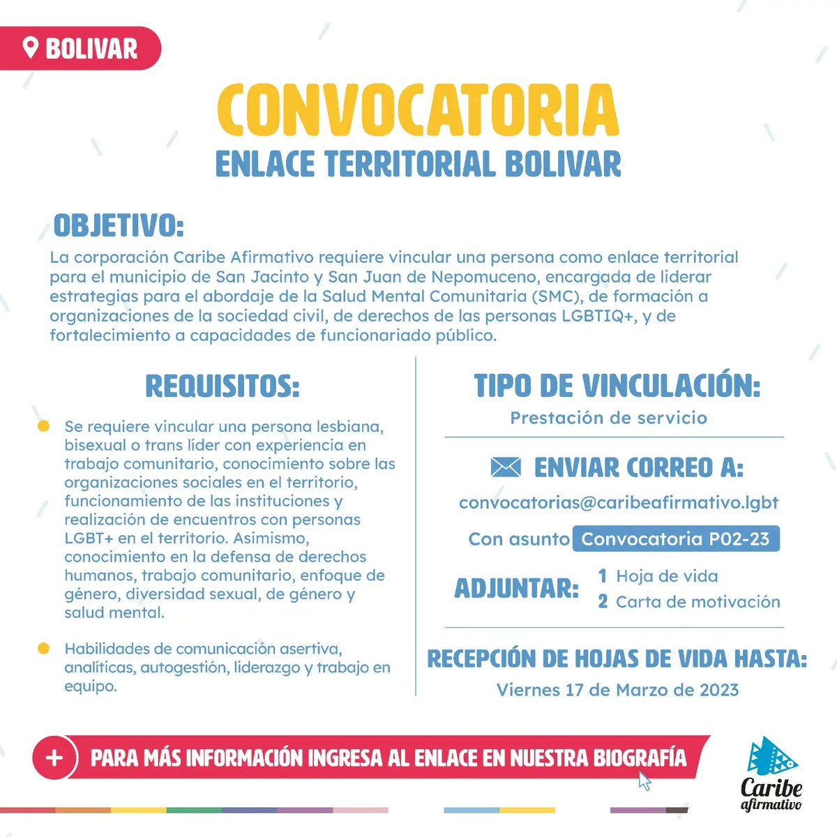 Caribeafirmativ's tweet photo. 📣🏳️‍🌈¡Te estamos buscando! Conoce los términos de referencia de nuestras #convocatorias:
- Enlace territorial Bolívar y Santander de Quilichao
- Consultoría en iniciativas socioproductivas
🗓️Cierre: 17 de marzo
👉Más información en https://t.co/J2Cl460STy
#TrabajoSiHay @Mengaana https://t.co/JKRKqsiEYK