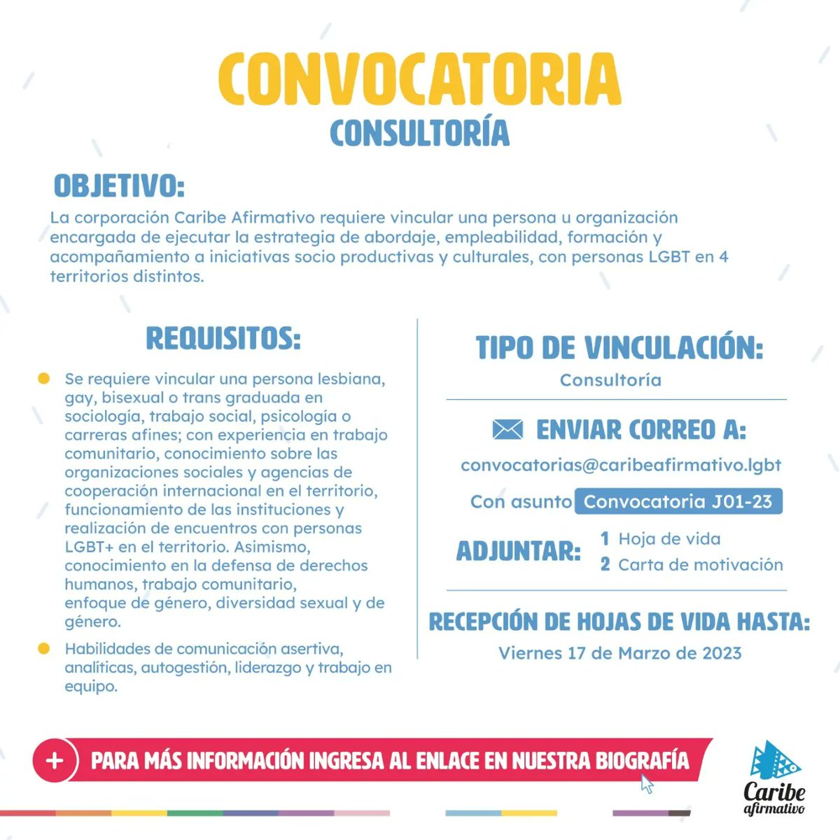 📣🏳️‍🌈¡Te estamos buscando! Conoce los términos de referencia de nuestras #convocatorias:
- Enlace territorial Bolívar y Santander de Quilichao
- Consultoría en iniciativas socioproductivas
🗓️Cierre: 17 de marzo
👉Más información en caribeafirmativo.lgbt/convocatorias-…
#TrabajoSiHay <a href="/Mengaana/">Mengaana</a>