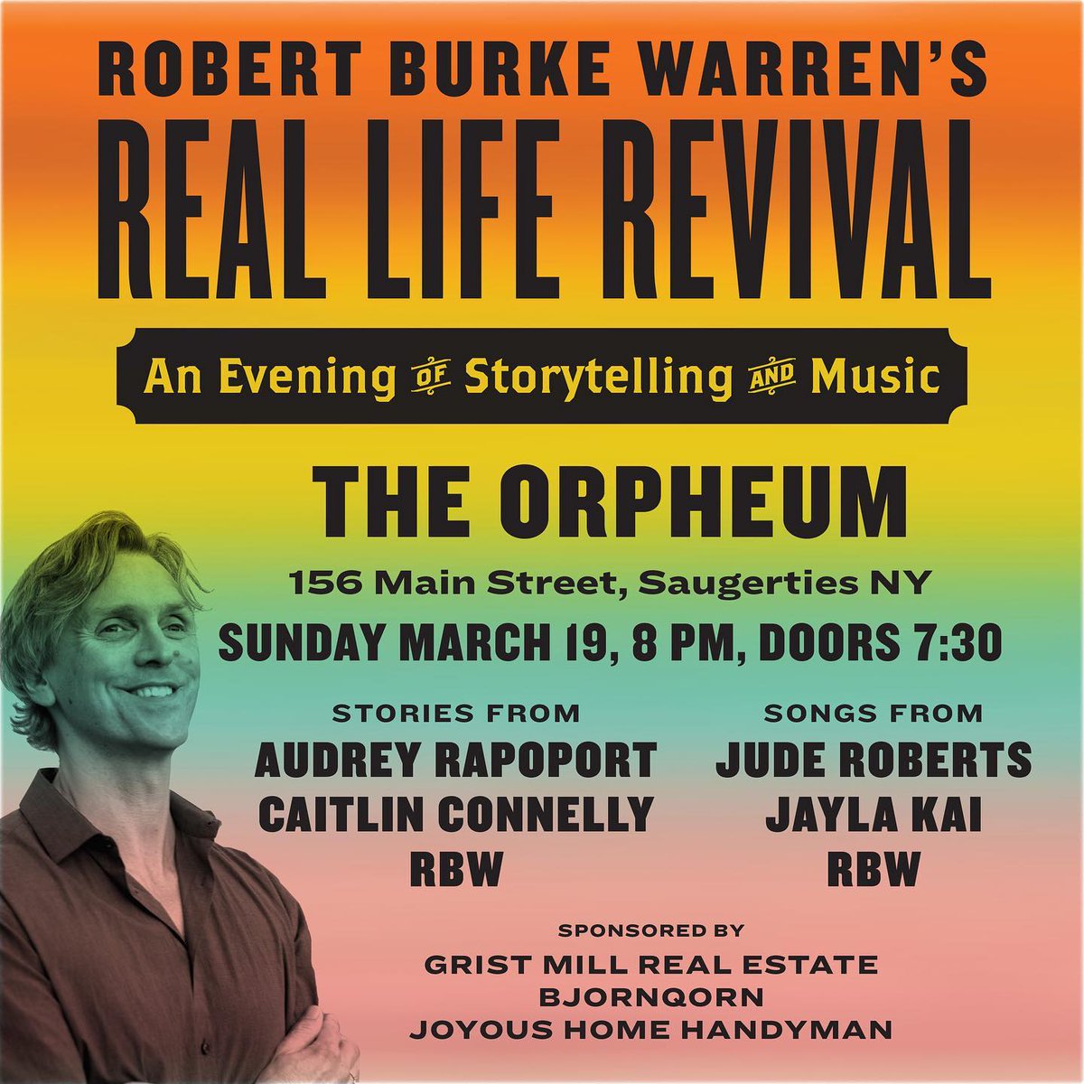 upstatefilms's tweet photo. Robert Burke Warren's iconic Real Life Revival is back at the Orpheum this Sunday, 3/19!

A night of beautiful music and exciting stories that you won't want to miss.

Tickets: https://t.co/D3QSwvegFG https://t.co/7PCmiVvR8W