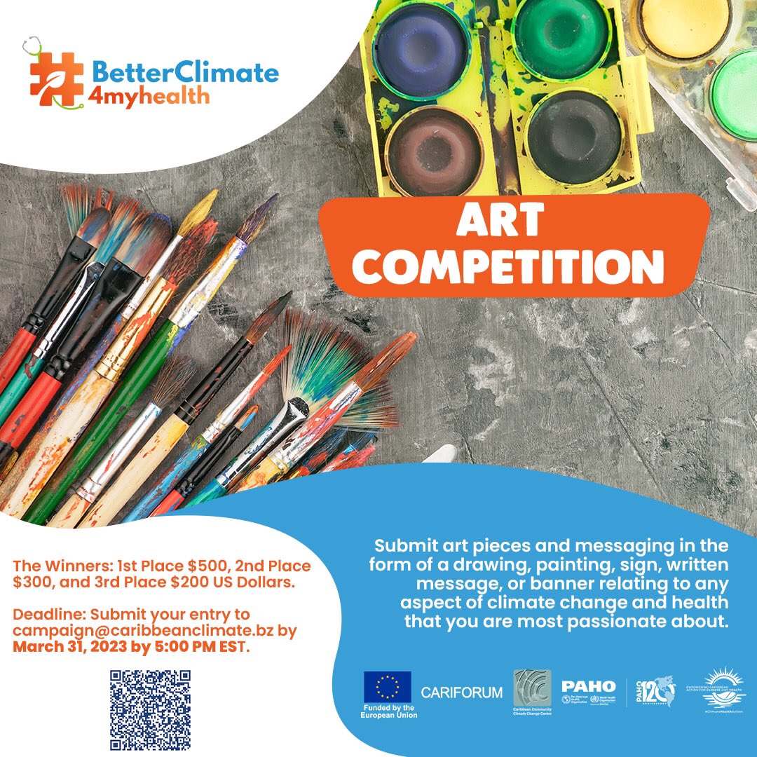 The Caribbean Community Climate Change Centre (CCCCC) is inviting Caribbean youths to participate in the #Betterclimate4MyHealth Art Competition.
 
To learn more about the #BetterClimate4MyHealth campaign, visit: bit.ly/3XYHGZP