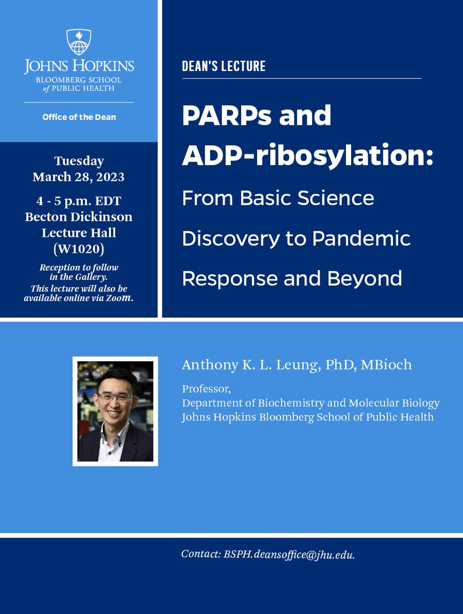 Calling alumni, collaborators, and friends! 
Join me on 3/28 at 4p for my Dean's lecture on PARPs and ADP-ribosylation: From Basic Science Discovery to Pandemic Response and Beyond. DM me for the Zoom link to join virtually. Grateful for your support over the years! #PARPs #COVID