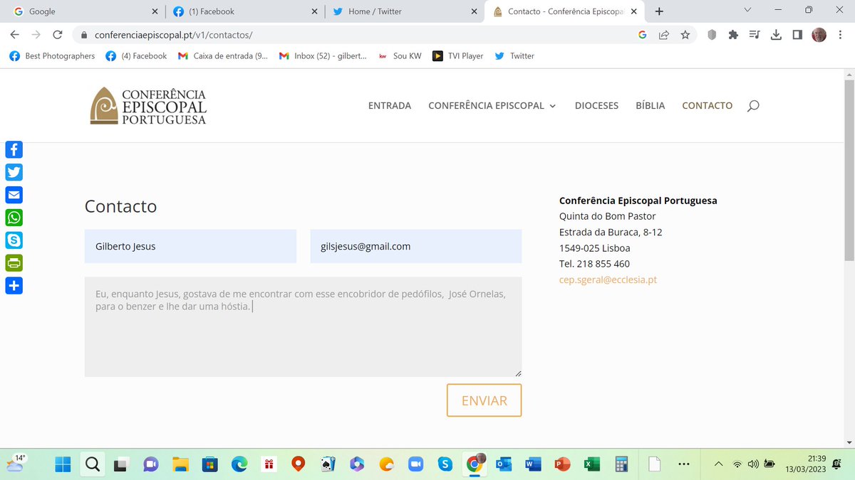 Alcorraz's tweet image. Email que acabei de enviar para o Bispo José Ornelas.