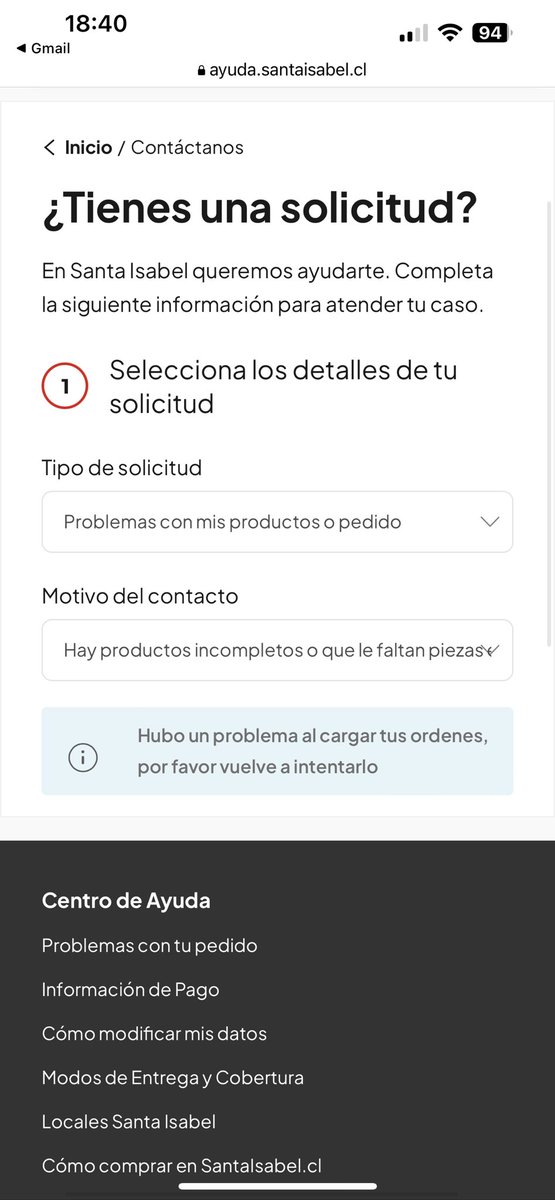 valentinadhp's tweet photo. Hice un pedido por https://t.co/CFBT6X4rsS el que llegó incompleto y en un horario no acordado, trato de hacer el reclamo por la página y me sale todo el tiempo este mensaje @SantaIsabelCL necesito que me repongan los productos que pague y no me entregaron https://t.co/b0vRncnhl3