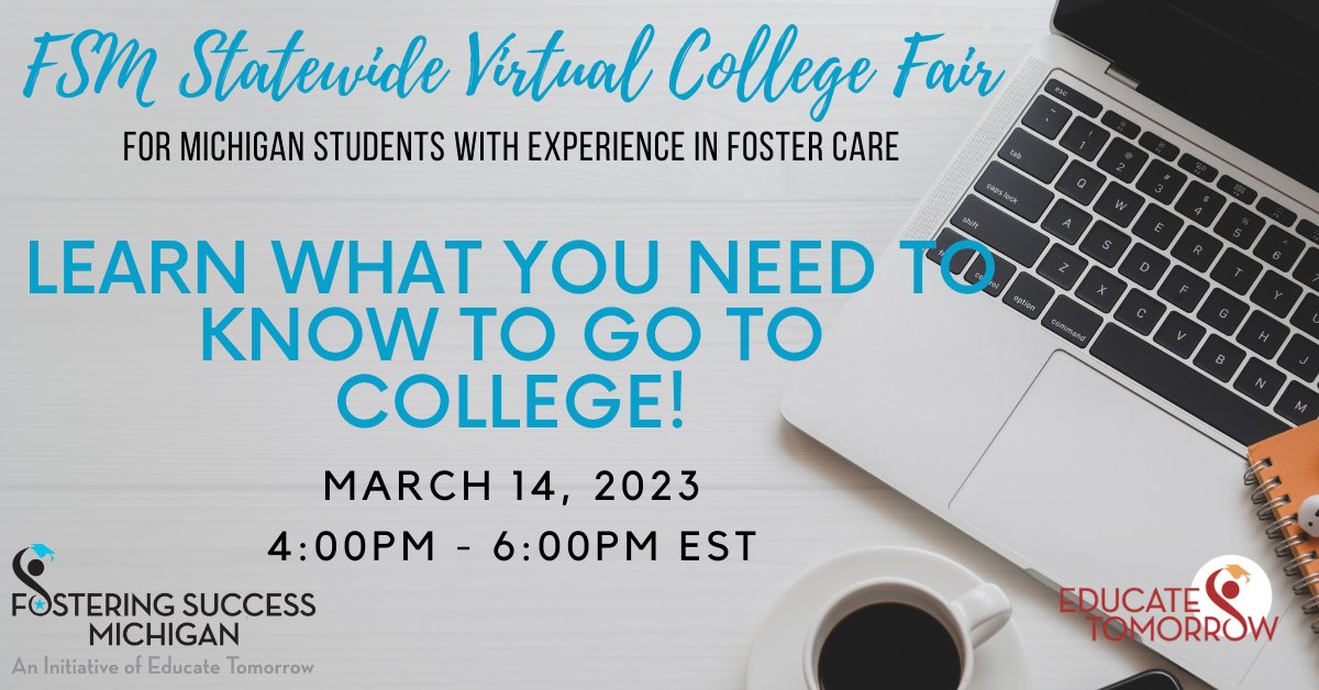 Last chance to register! See you TOMORROW 3/14/23 from 4:00-6:00PM. Bring your questions for campus coaches and learn more about the financial resources in Michigan for youth with experience in foster care! forms.gle/ijPdxqzL4DXqby…