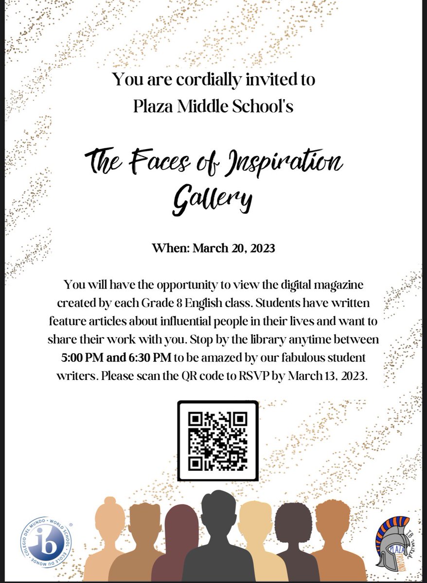 🌟THE FACES OF INSPIRATION GALLERY🌟 We are so excited to host this event to highlight our 8th grade students’ writing. It will be held at our library from 5:00-6:30pm. Hope to see you there to take a look at who inspires our Trojans! #PlazaAVID #IBUnited <a href="/vbschools/">VBSchools</a>