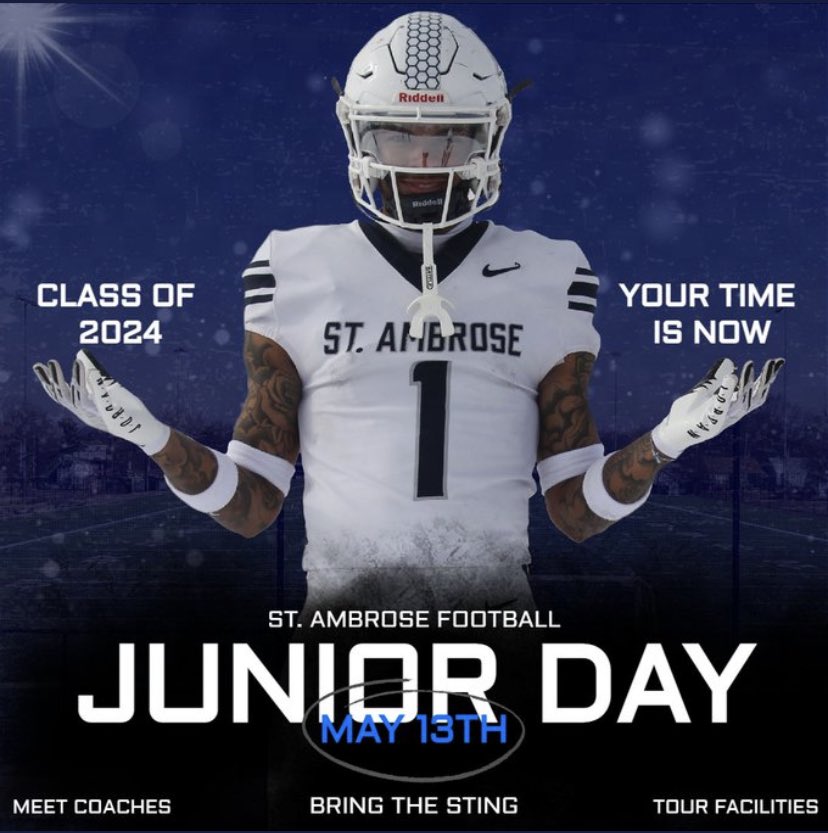 Thank you for the Junior Day Invite! <a href="/coachsnider43/">Steve Snider</a> <a href="/MHSFootball2623/">Morrison Mustangs Football</a> <a href="/FightingBeesFB/">St. Ambrose Football</a> <a href="/FillippSAU/">Vince Fillipp</a>