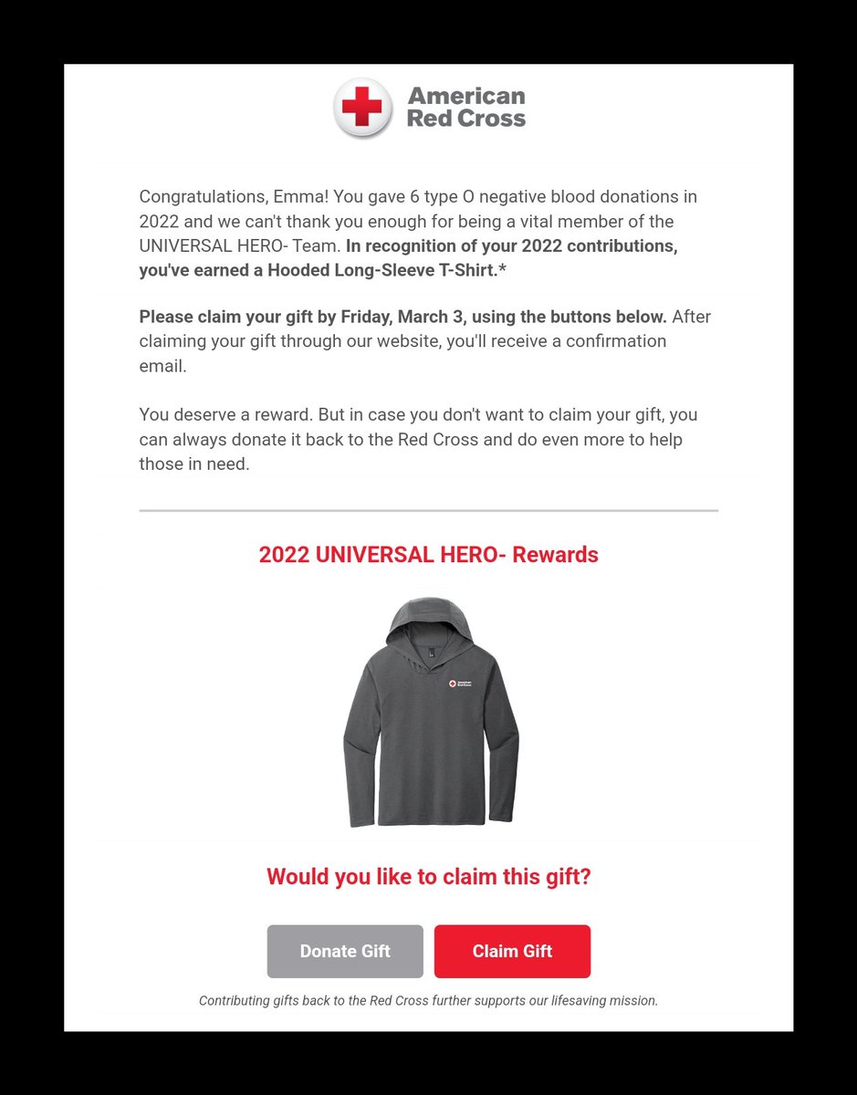 EmuJRossi's tweet photo. It's not that I need another t-shirt from the @RedCross, it's that it's kind of strange to be told you're getting one and receive a piece of paper #UniversalDonor https://t.co/6nUIfzUMns