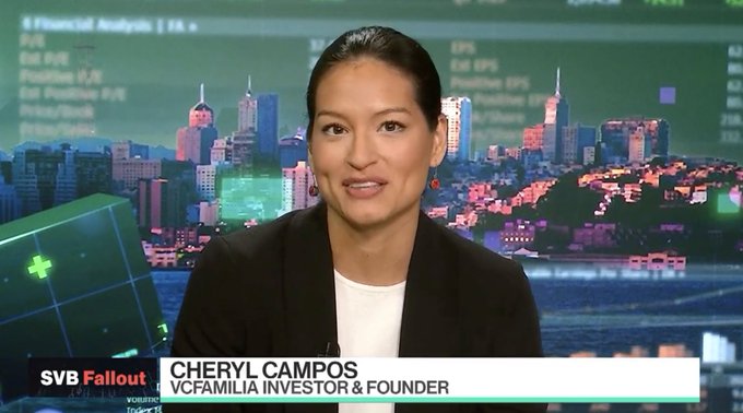 Cheryl Campos speaking on Bloomberg Technology on the SVB fallout She is a VCFamilia Investor and Founder. She is a Latina woman with dark hair pulled back, a white top and black jacket.