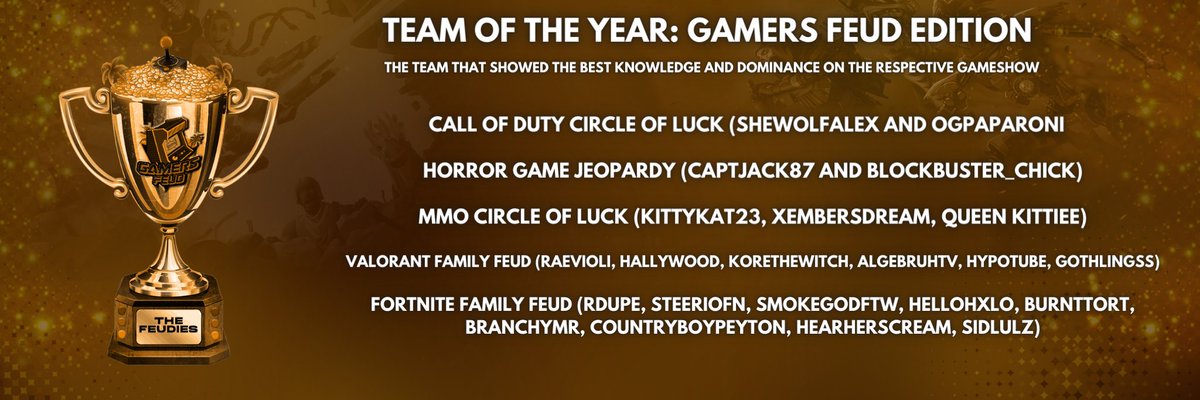 GamersFeud's tweet image. And finally our team gameshows can only have one ultimate team, here are your Top 5 nominees for...TEAM OF THE YEAR GAMERS FEUD EDITION

@Capt_Jack87 @BlockbusterChck 

@SheWolfAlex @ogpaparoni 

Make sure you join the Discord to attend the #Feudies!

More teams below🧵