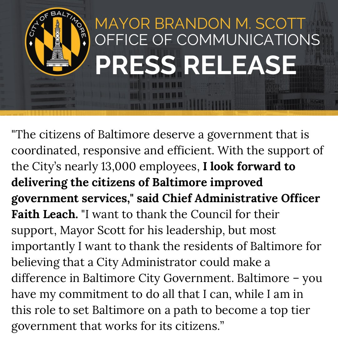 MayorBMScott's tweet photo. Following a weekend of productive collaboration, I am proud to announce that Faith Leach is confirmed as Baltimore’s Chief Administrative Officer. With her exceptional leadership skills and expertise, I am confident that she will be instrumental in propelling our City forward. https://t.co/7iSVKvNR71