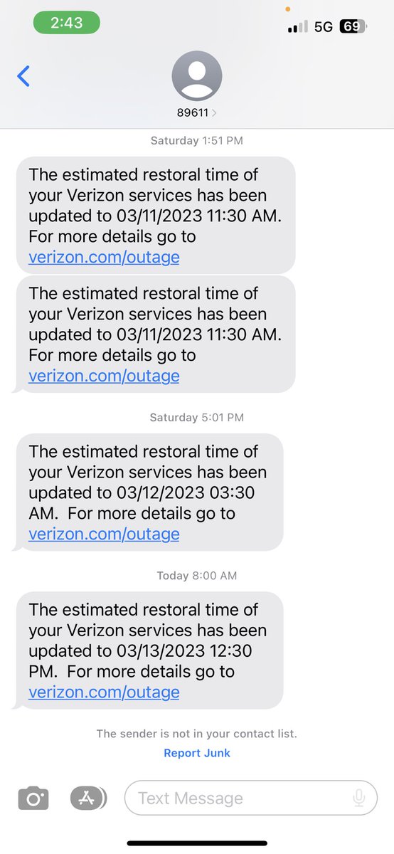 SelenaPatterns's tweet photo. @VerizonSupport day six without service verizon. Six! All we get are these random messages and nothing is being done to fix our service. There isn’t even an explanation beyond the word “outage.”
#fixmyservice #verizonsserviceisterrible https://t.co/dPfW50sVHr