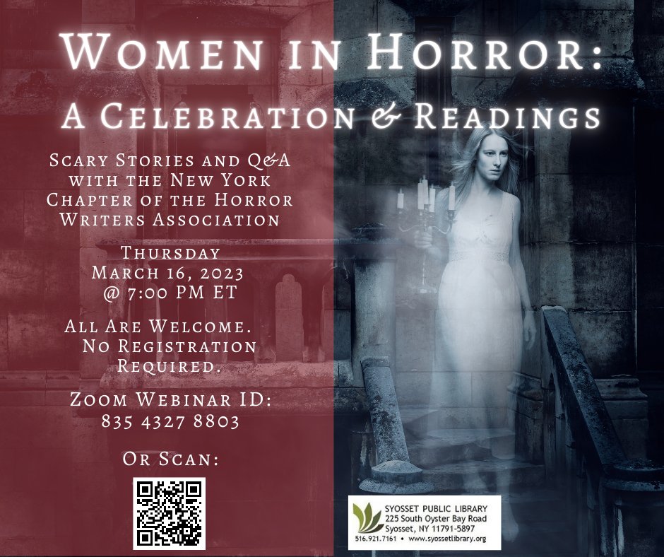 THIS THURSDAY, 3/16 at 7pm EST, <a href="/SPLTurnThePage/">Turn The Page! - Syosset Public Library 🎤</a>
and <a href="/HWA_NYS/">HWANY</a> present Women in Horror: A Celebration &amp; Readings featuring <a href="/CarolGyzander/">Carol Gyzander</a>, @MeghanArcuri, @cinapelayo, and <a href="/AGarcia_Writes/">Anastasia Garcia 🦇</a>! See <a href="/Zoom/">Zoom</a> Webinar ID below. #WomeninHorrorMonth #WiHM