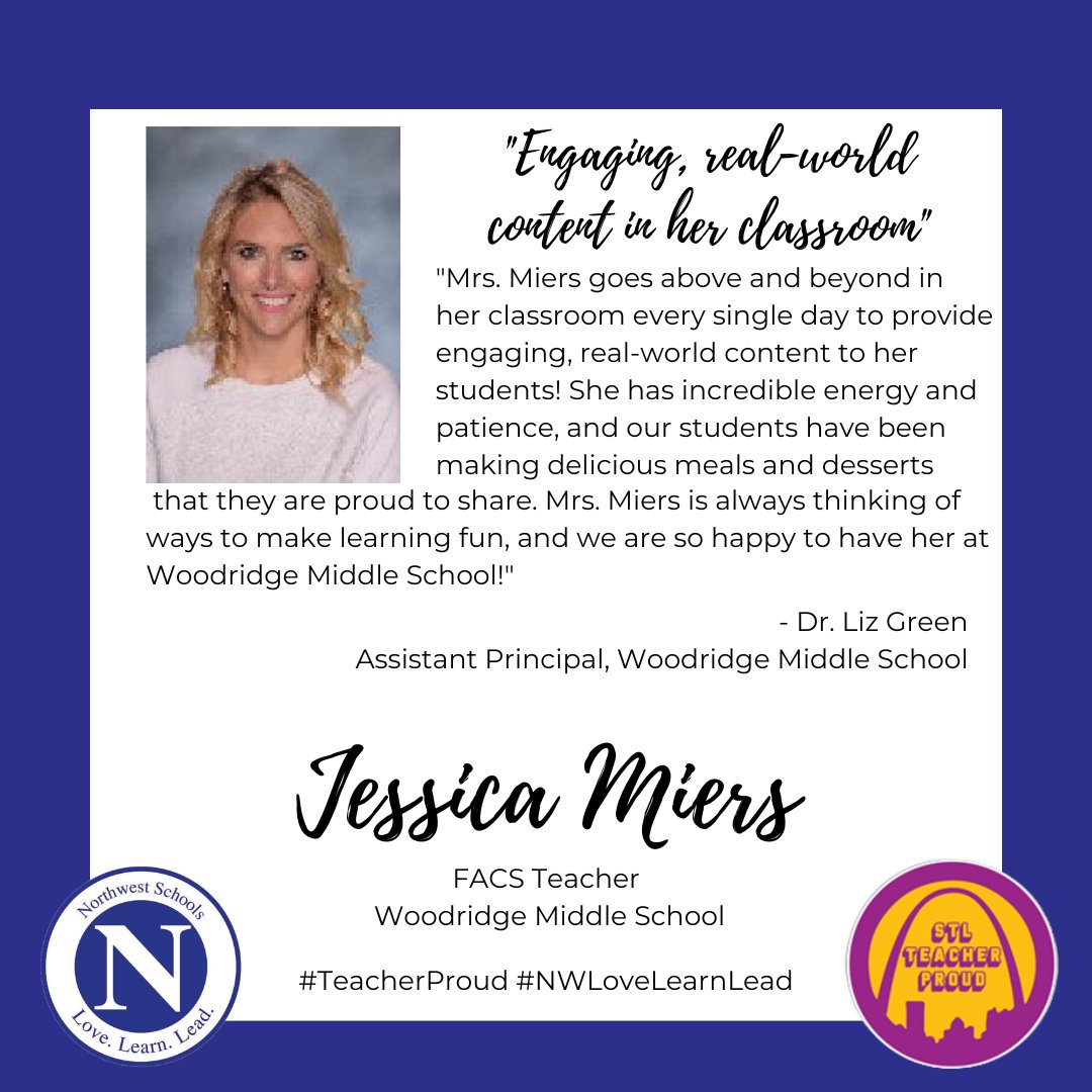 NorthwestRISD's tweet photo. Northwest is #TeacherProud! Today, we honor Jessica Miers, FACS teacher, at Woodridge Middle School. Dr. Liz Green, assistant principal at WMS, said "Mrs. Miers goes above and beyond in her classroom every day." Thanks, Mrs. Miers! @GovParsonMO @EducPlus @NWR1Hecktor @MOEducation https://t.co/0Xvy8S1Dxw