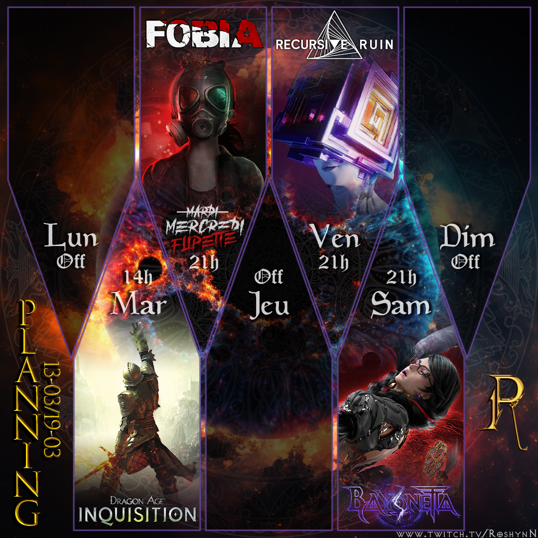 RoshynN's tweet photo. Hey les Gens !
#Planning #twitchfr de la semaine :
- #DragonAgeInquisiton demain aprem
- #Fobia mercredi soir
- #RecursiveRuin vendredi soir
- #Bayonetta3 samedi soir
- Et pitet un stream sauvage samedi aprem sur une surprise :3
On se retrouve très vite
https://t.co/ejQX0wRAd1 https://t.co/JedjvrvGeC